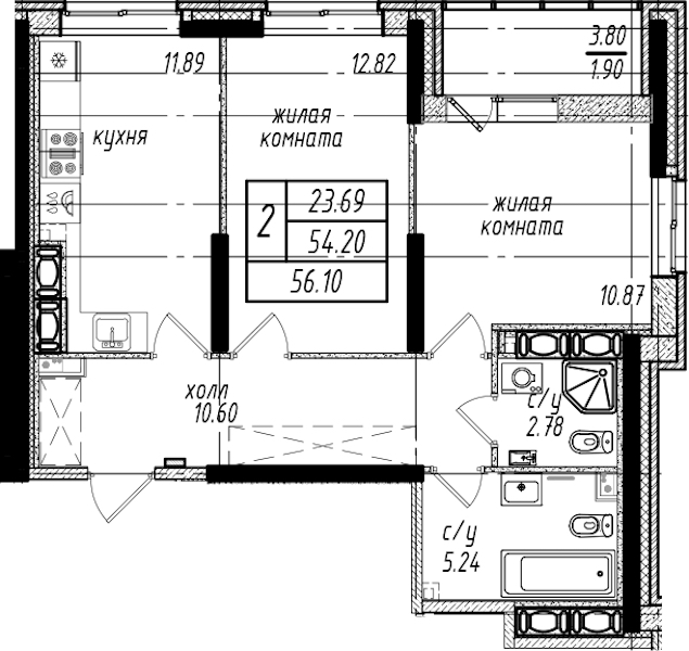 2-комнатная квартира 56.1 м², 24/25 эт., ЖК «Северная Долина»